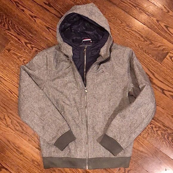 TOMMY HILFIGER Mens Grey Winter Coat Quilted Lining  Double Zipper Hood Sz MED - Picture 6 of 13